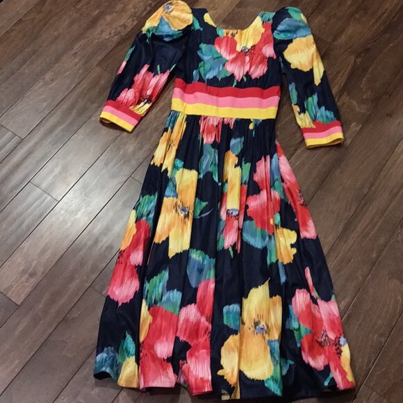 Vintage 1980's Leslie Lucks Floral Midi Navy Blue Dress SIZE 12 - Picture 1 of 9